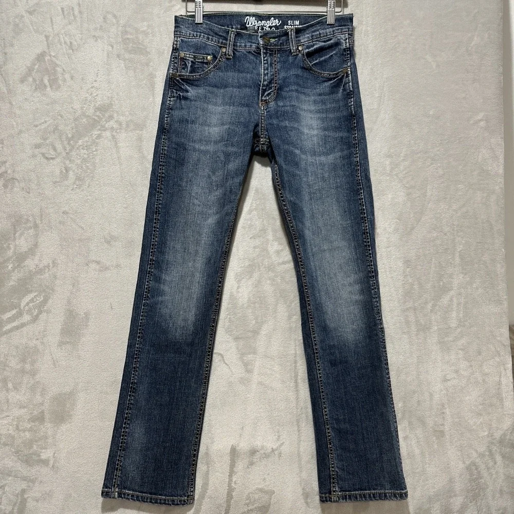 Wrangler Retro Slim Straight Jeans Men's 30 Blue Whiskering Faded Finish Pockets